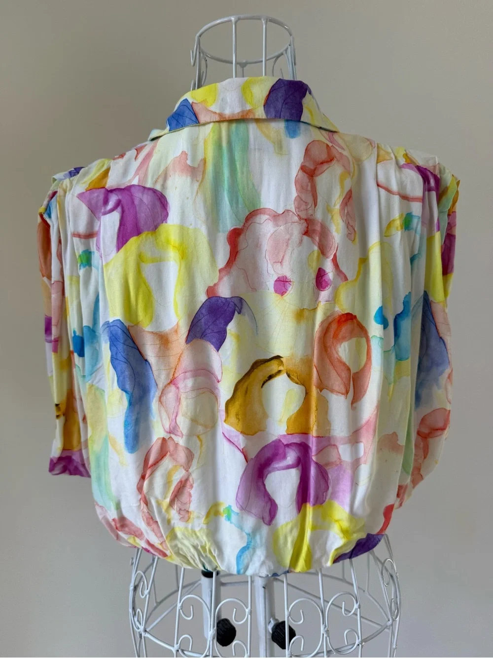Zara Watercolor Floral Cropped Blouse Ruched Balloon Sleeve Viscose M